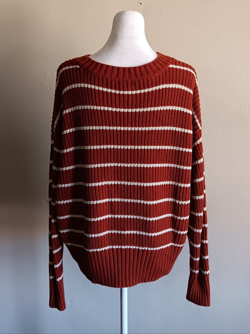 A.n.a Brown & Ivory Striped Knit Sweater, Size Large, Knit Fall Casual Pullover - Picture 3 of 6
